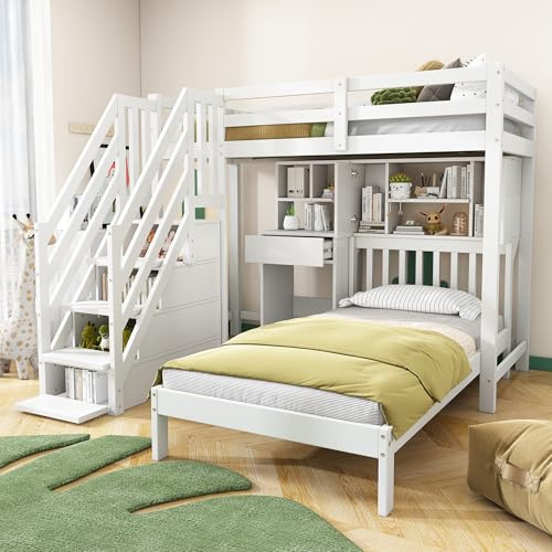 FammyLoft 3ft Single Bunk Bed, Wood House Kids beds with Storage Space, High Sleeper Beds, Multifunctional Loft Bed with Desk and Shelves, 90 * 190cm, White(No Mattress)