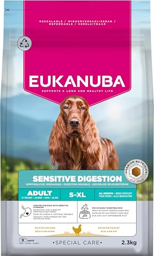 Eukanuba Sensitive Digestion hundmat med kyckling och lättsmält ris – magenvänlig special Care torrfoder för vuxna hundar med känslig matsmältning, 2,3 kg
