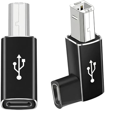Adaptateur USB B vers USB C, Cable USB B vers USB C pour Transfert de Donnees, Adaptateur USB C vers USB B Angle Droit et Coude, Convertisseur MIDI pour Clavier Electronique, Lot de 2 Pieces Noir