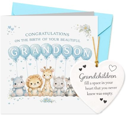 3 Pcs New Grandparents Card Set, mit Heart Ceramic Hanging Plaque, Grandson Congratulations and Blue Envelope, New Baby Card, Keepsake Gift for Grandma Grandad Family Birth Announcement