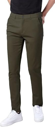 Plaid&Plain Men's Skinny Stretchy Khaki Pants Colored Pants Slim Fit Slacks Tapered Trousers 819 Olive 30X28