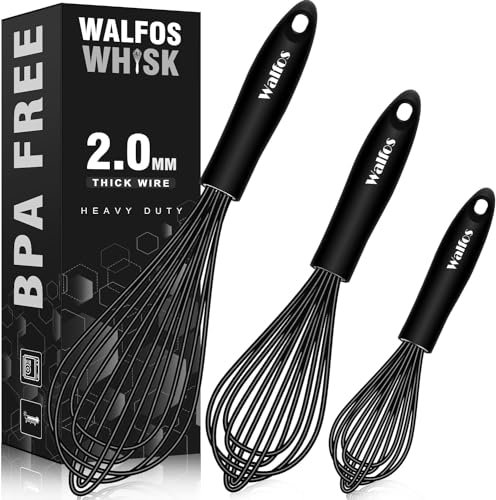 Walfos Silicone Whisk, Stainless Steel Wire Whisk Set of 3 -Heat Resistant Kitchen Whisks for Non-stick Cookware, Balloon Egg Beater Perfect for Blending, Whisking, Beating, Frothing & Stirring, Black
