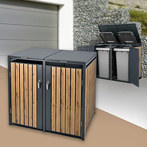 ML-Design Box pour 2 Poubelles, 240L, 132x80x116,3 cm, en Acier, Anthracite/Aspect Chêne, Résistant aux Intempéries, Habillage de Poubelle avec Couvercle Rabattable/2 Portes, Conteneur Abri Hangar