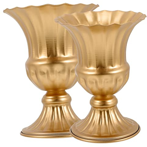 Garneck Lot de 2 Vases Commémoratifs en Fer Doré Haut de 25 Cm, Décoration Résistante pour Fleurs Artificielles, Base Stable Antivent, pour Cimetière, Tombe et Jardin, Usage Funéraire