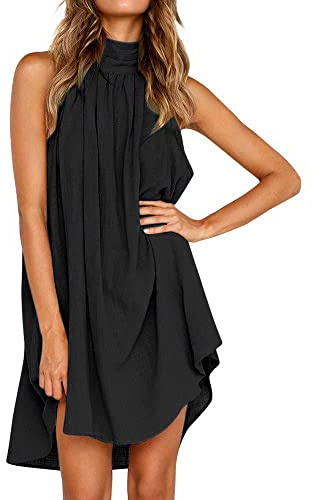 QKEPCY Vestido Elegante Mujer Vestido Sin Mangas Vestido Corta Casual Gasa Top Cuello Redondo Blusa Informal Casual Dress para Mujer (Negro L)