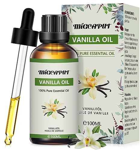 MIGCAPUT Vanilj Eterisk Olja 100ML, 100% Naturlig Aromaterapi Eteriska Oljor, Aroma Doftoljor, Terapeutisk Kvalitet Vaniljolja för Luftfuktare Diffusor, SPA, Massage
