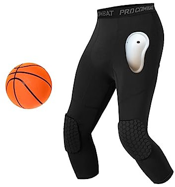 Kompressionshose mit Knieschützern und Schutzschale für Herren, für Baseball, Fußball, Lacrosse, MMA, Basketball und Hockey, schwarz., Legging mit Cup, XXL