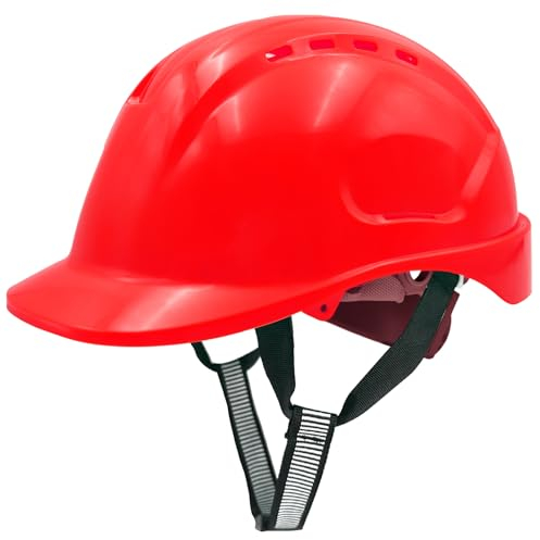 Mustbau Casque de Chantier EN397, Casque de Sécurité Construction avec Sangle 6 Points, 52 à 66cm Tour de tête réglable, Très Respirant pour Hommes, Femmes - Rouge