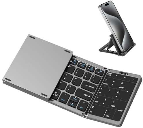 MoKo Tastiera Bluetooth Pieghevole, Wireless Portatile Con Touchpad e Tastierino Numerico, Senza Fili Ricaricabile per Windows iOS Android Tablet/Smartphone/Laptop/PC, Grigio