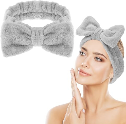 Spa Bowknot Stirnband Damen Spa Haarband Kosmetik, Coral Fleece Makeup Haarbänder Elastic, Cosmetic Stirnband Breitkrempe Korallenvlies Waschen Gesicht Kopfwickel für Dusche Hautpflege Sport(Grau)