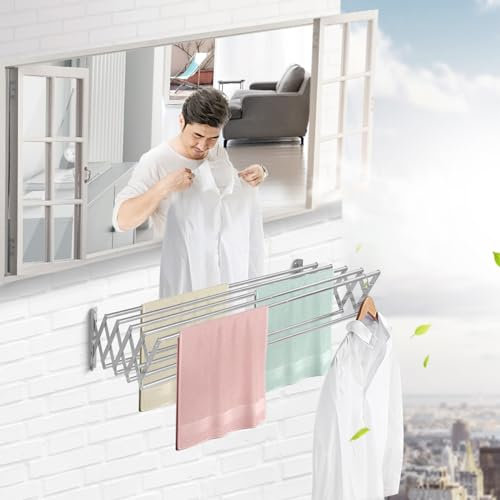 Sinbide Séchoir à Linge Mural rétractable avec 9 tiges en Acier Inoxydable, Installation Facile, séchoir à Linge Peu encombrant pour Serviettes, vêtements (100cm)