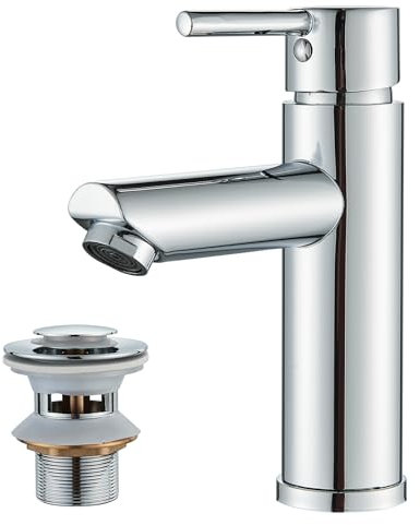 TVTIUO Mitigeur de lavabo avec bonde de vidage escamotable, mitigeur monocommande en laiton chromé, mitigeur de lavabo, mitigeur de lavabo de salle de bain