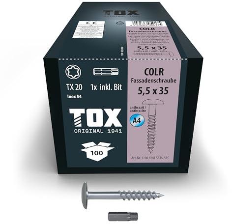TOX Fassadenschrauben COLR 5,5 x 35 mm, Schrauben für Fassadenplatten aus Edelstahl A4 mit farbigem Tellerkopf, korrosions- und UV-beständig, 100 Stück im Karton, inkl. 1x Bit, 113087415535/AG