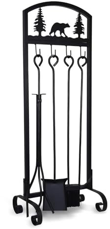 SCENDOR GARDEN Set de 5 Outils pour Cheminée 77,5 cm x 29,9 cm en Fer Forgé avec Poker, Support, Balayette et Accessoires pour Cheminée Motif Animal de Noël Intérieur Extérieur