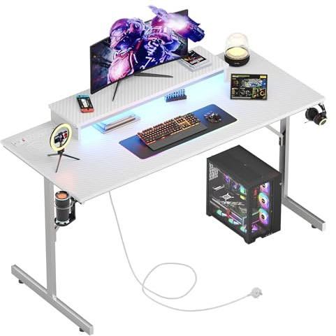 Bestier Gaming Desk 131.6 CM with Power Outlets & LED Light Computer Desk with Monitor Stand Gamer Workstation with Cup Holder & Headset Hooks for Home Office Bedroom