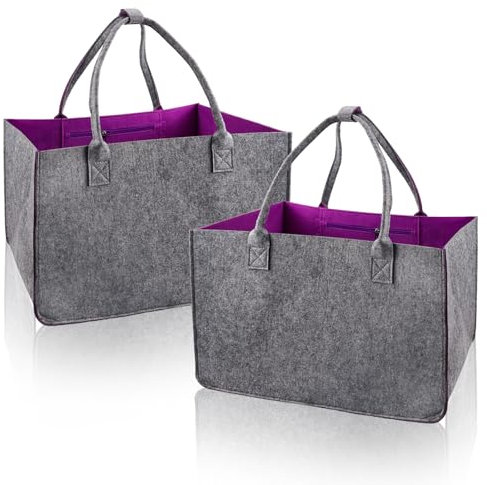 Raxfekro 2 Stück Filztasche Einkaufstasche, Filz Einkaufstasche Groß Faltbar, Filz Shopping Bag, Große Multifunktionale Filztasche für Einkaufen, Ausgehen, Aufbewahrung (Violett)