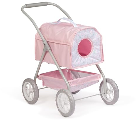 JC Toys – Carro de Paseo para Mascotas, con Cesta, transportín extraíble para muñecas y Peluches hasta 51 cm, Ideal para Jugar y pasear, Rosa, Colección Floral, diseñado por Berenguer, +3 años