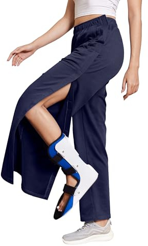 Deyeek Women's Tear Away Pants 2 Side Snap Post Surgery Breakaway Sweatpants Full Open Down Rip Off Pants for Hip Replacement L Navy Blue