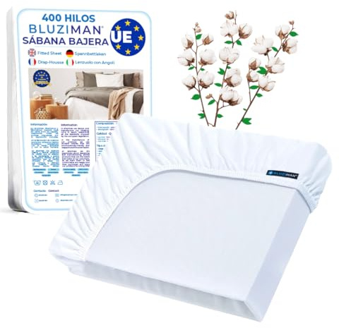 BLUZIMAN Sabana Bajera 90x200 Ajustable Algodon, Sábana Bajera 100% Hecha en España 400 Hilos, Sabanas Bajeras Lujoso Saten Peinado Virgen de Fibra Larga (400 Hilos, Blanco, Cama 90x190/200)