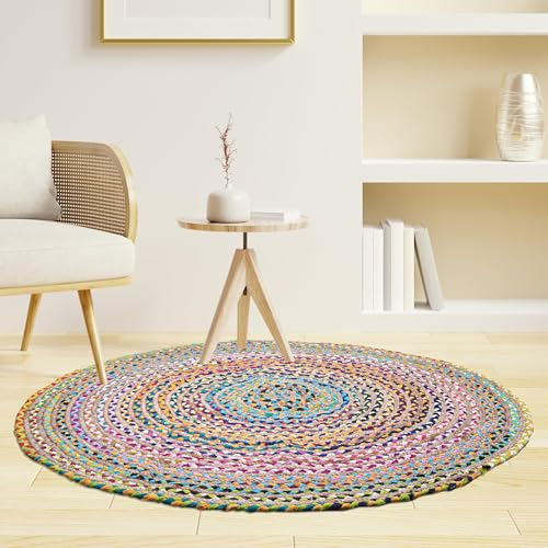 Craft Trade Bunt Boho Jute Teppich Reversibel Geflochten Handgewebt Rund Flickenteppich für Küche Wohnzimmer und Schlafzimmer- 150 cm
