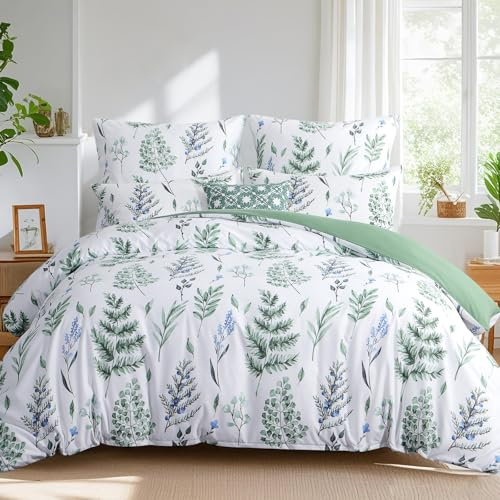 Tifschlaf Super King Duvet Set - Superking Bedding Set with Pillowcases, Ultrasoft Microfiber Luxury Non Iron Quilt Cover with Zipper Closure, Floral Sage Green 260x220cm
