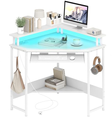 COSTWAY Eckschreibtisch mit Ladestation, dreieckiger Winkelschreibtisch mit LED, Tastaturablage & Monitorständer, Gaming Schreibtisch platzsparend, Ecktisch für Zuhause, Büro (Weiß)