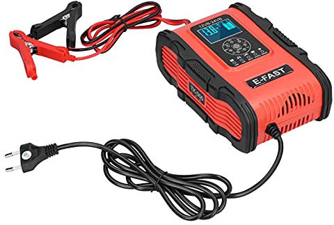 MasYosh Cargador de Batería Inteligente, 12V 12A 24V 6A Reparación de Pulso de Carga de 7 Etapas con Pantalla LCD, para Automóviles, Motocicletas, Barcos, Cortacésped, Baterías AGM Gel