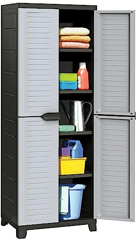 LoogCape Plastskåp, grått, 65 x 45 x 181 cm, förvaringsskåp, flerfunktionellt låsbart aktskåp, högskåp för kontor, garage, källare, verkstad med 2 dörrar och 5 hyllor