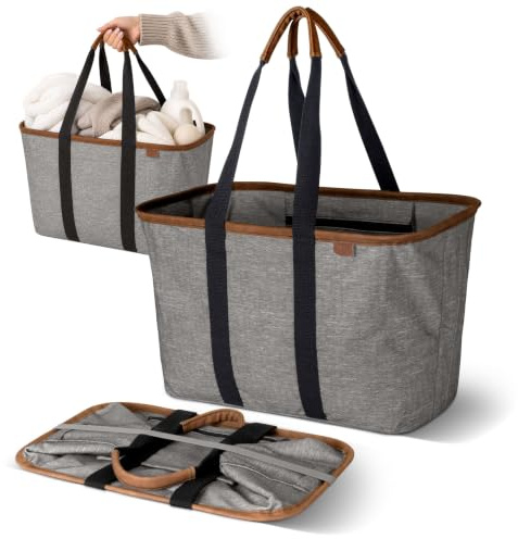 CleverMade Collapsible LUXE Tote - Gray Black 1 Pack 30L / 8Gal - Reusable Utility Grocery Shopping Storage Bag Organizer w/ Handles Reinforced Bottom