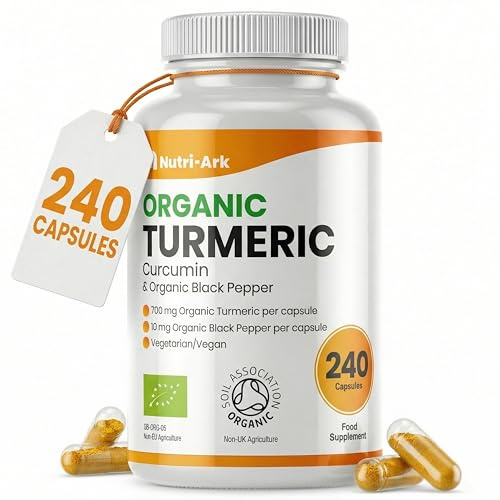Organic Turmeric and Black Pepper Capsules 700 mg - High Strength Tumeric Supplement - 240 Vegan Turmeric Capsules (8-Month Supply) - Tumeric Curcumin with Organic - Manufactured in the UK