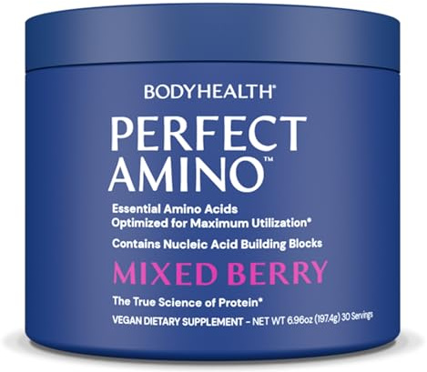 BodyHealth PerfectAmino Powder - BCAA and EAA Powder for Pre and Post Workout - Amino Acid Energy Drink for Men and Women to Support Lean Muscle and Recovery - Mixed Berry - 30 Servings