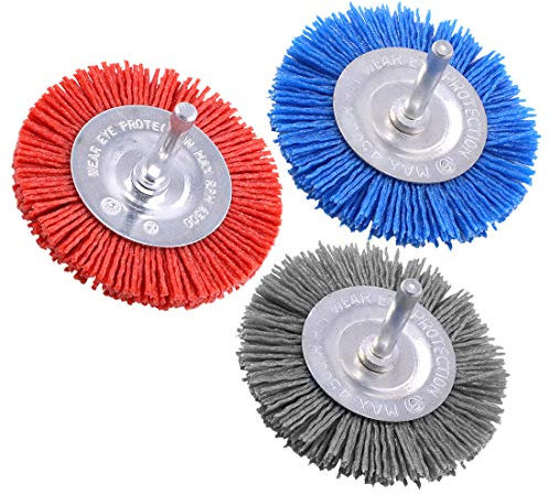 Swpeet, kit di 3 spazzole abrasive con filamento in nylon da 75 mm, con gambo da 0.6 cm, include grana fine media grossa, S665, Spazzola circolare per ruote.