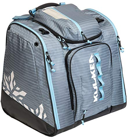 KULKEA Powder Trekker Women’s Ski Boot Backpack - Ski Boot Bag With External Helmet Sling For Maximum Gear & Boot Storage - Durable, Spacious, Water Resistant Backpack (Lilac Stripes/White/Light Blue)