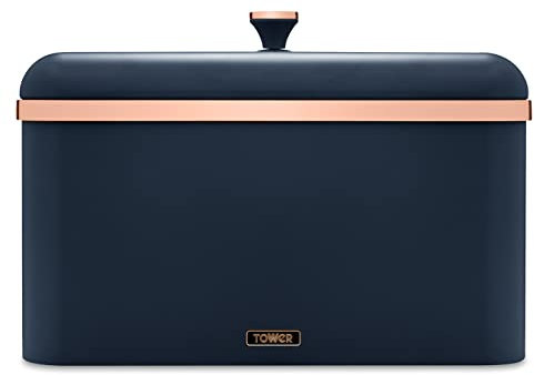 Tower T826130MNB Cavaletto Bread Bin with Removable Lid, Large Capacity, Durable Steel Body, Midnight Blue and Rose Gold