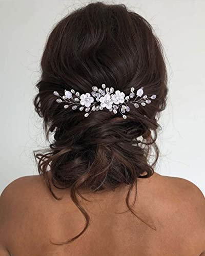 Unicra Hochzeit Blume Haar Pin Braut Perle Kopfstück Silber Strass Haarteil für Frauen und Mädchen