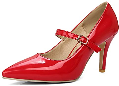 Bviennic Damen Pointed Toe Knöchelriemchen Mary Jane Stiletto Pumps Abend Kleid Höhe Ferse Hochzeit Lack Buro Pumps Rot Gr 39 Eu-40Cn