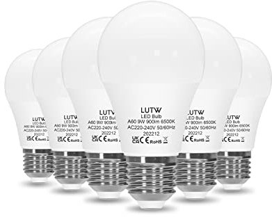 LUTW E27 LED Lampe, 9W LED Birne ersetzt 60 Watt Glühbirne E27, 6500 Kelvin Kaltweiß A60 Leuchtmittel 900LM, 220° Abstrahlwinkel Energiesparlampe, Nicht Dimmbar, 6 Stück