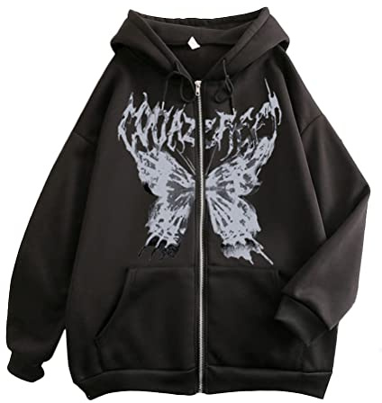 Tomwell Y2K Chaqueta con cremallera para mujer, diseño de esqueleto gótico con diamantes de imitación gráficos Harajuku Oversized Sudadera vintage con capucha con cordón sudadera con capucha 90 E-Girl
