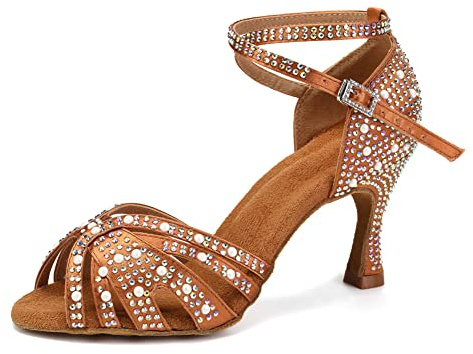 TINRYMX Women Latin Dance Shoes Rhinestones Sparkly Ballroom Salsa Performance Party Dancing Heels,YCL506-Bronze-7.5,US 8
