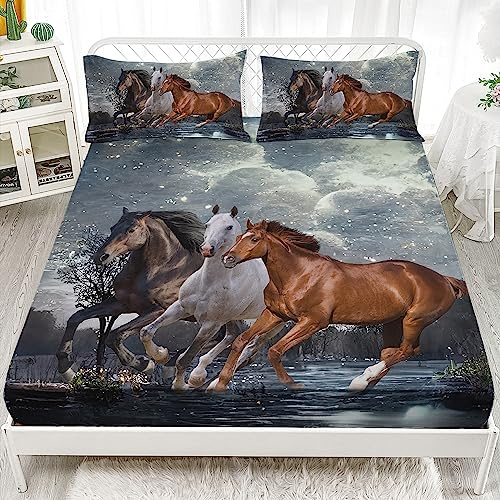 AILONEN Horse Bedding Set Queen Size, Wildlife Theme Galloping Horses Bed Sheet for Kids Boys Adults Room Decor 3 Pieces Set, 1 Fitted Sheet and 2 Pillowcases
