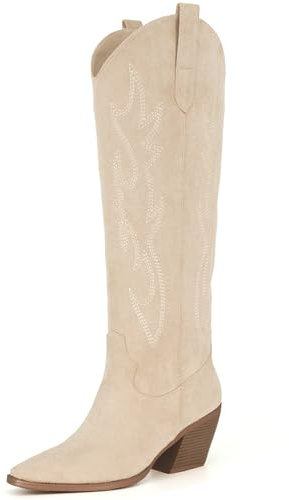 iiimmu Cowboy Boots for Women Beige Knee High Pointed Toe and Chunky Heel Western Suede Boots with Embroidered, Size 6