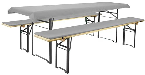 Brandsseller Set Birreria 3 pezzi – 2 Cuscini imbottiti per Panche 220x25 cm e 1 Tovaglia 240x70 cm – Ideale per Sagre, Giardino, Feste all’aperto – Grigio Chiaro