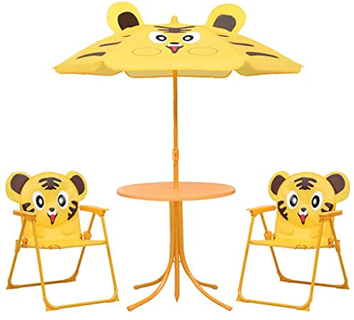 Homgoday Gartenmöbel, Bistro-Set für Kinder mit gelbem Sonnenschirm, Gartenmöbel, Tisch und Gartenstühle im Freien Set, Garteness-Set