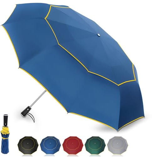 Satol Golfschirm mit Doppeldach & Belüftung | Sturmsicher & Automatisch Öffnend | XXL-Größen 54 Zoll | 10 Rippen für maximale Stabilität | Reflektierende Streifen (Blau)