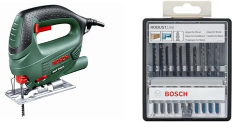 Bosch Home and Garden Jigsaw PST 700 E (500 W, 1x Saw Blade, in Carrying case) + 10-Piece Robust Line Jigsaw Blade Set (Wood and Metal for Cutting Wood and Metal, Accessories for Jigsaws)