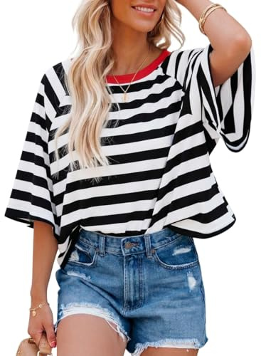 Chicrise Magliette Donna Oversize A Righe Girocollo T-Shirt Maniche Corte Colorate Casuale Morbido Basics Crop Top Nero Bianco Large 42-44