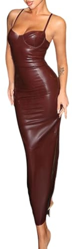 Minetom Femme Cuir PU Longue Robe Sexy sans Manches Bodycon Crayon Robe de Fête Soirée Cocktail Cérémonie Slim Fit Midi Robes J Rouge L