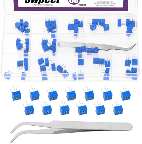 Swpeet 66 st 13 värden 3362 trimmer potentiometer med böjda pincetter sortiment kit, 100/200/500/1K/2K/5K/10K/20K/50K/100K/200K/500K/1M ohm toppjustering, horisontella variabla motstånd