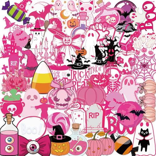 50PCS Cute Pink Halloween Stickers – Kawaii Ghosts, Pumpkins, Cats, Witch Hats, Skull & Trick or Treat Vinyl Decals for Scrapbook, Planner, Journal, DIY Crafts, Laptop, Water Bottle Decoration