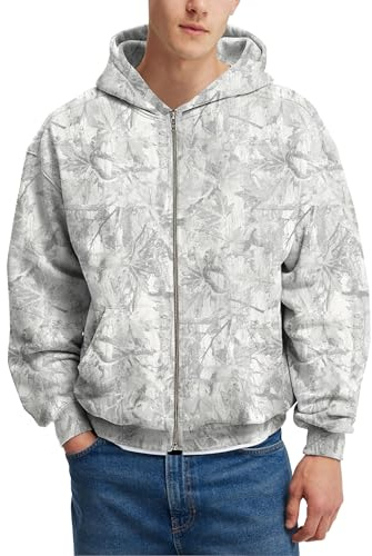 MSBESYOR Mens Camo Zip Up Hoodie Fleece Hunting Jacket Maple Leaf Print Oversized Long Sleeve Hooded Sweatshirt, Light Grey, M